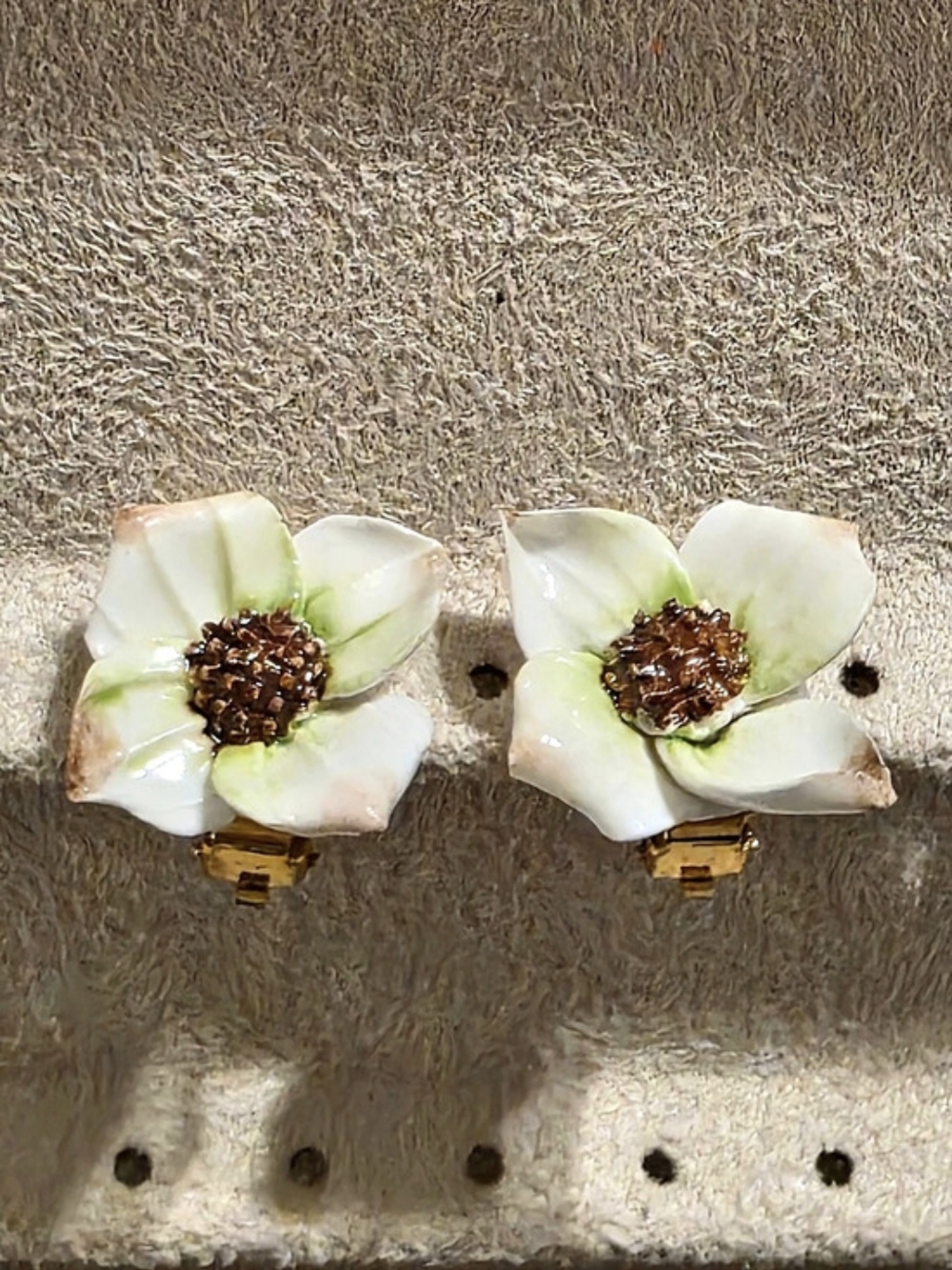 Vintage Porcelain Dogwood Flower Clip On Earrings